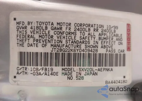 2000 Toyota Camry Le from USA, damaged, VIN JT2BG22K6Y0409428